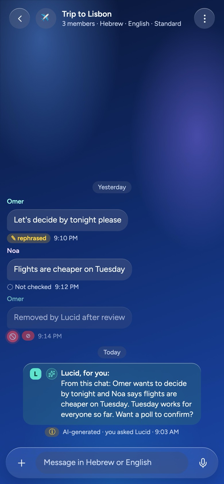 A group chat where Lucid answers a question for everyone, marked as AI-generated, next to messages marked as rephrased.