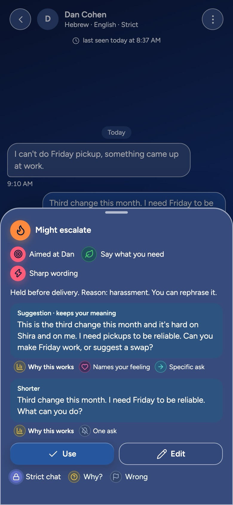 The Lucid app on a phone: before a message is sent, the Mediator’s private note with its meaning glyphs, a calmer suggestion that keeps the sender’s meaning, and the buttons Use and Edit.