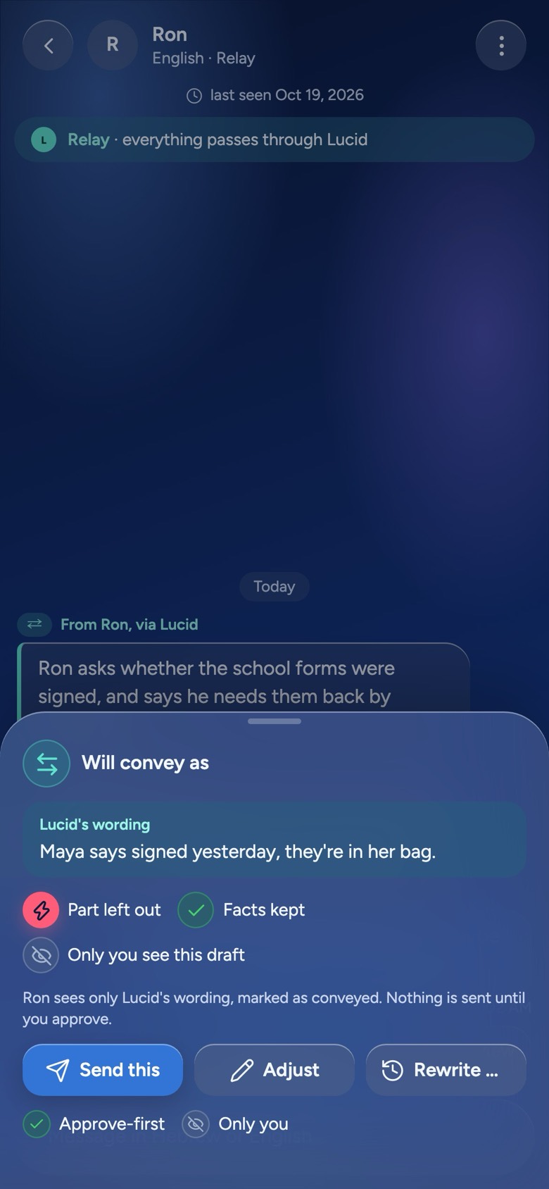 Relay in a chat between parents: Lucid’s draft of what will be passed on, the part left out, and the note that nothing is sent until you approve.