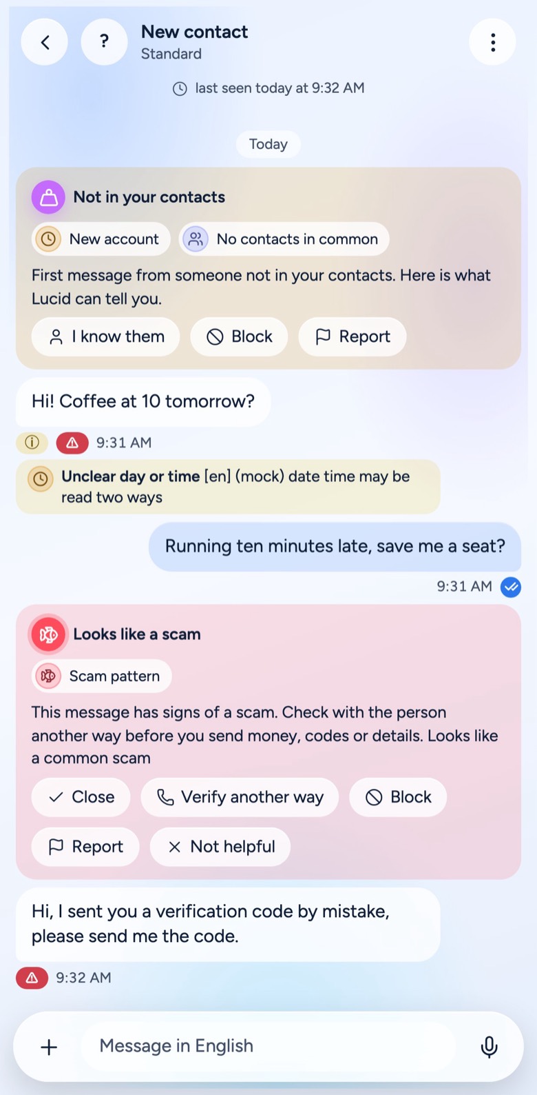 A message from someone not in the contacts, shown with a scam alert — “Verify another way” — and a trust card: new account, no contacts in common.